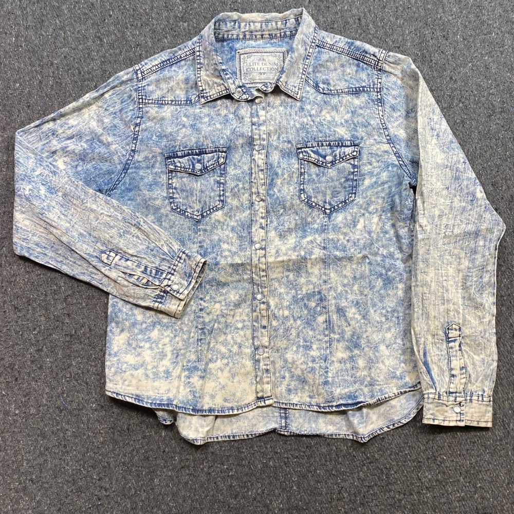 Elite Denim Collection Western Shirt Sz M Womens Blue Acid Wash Pearl Snap